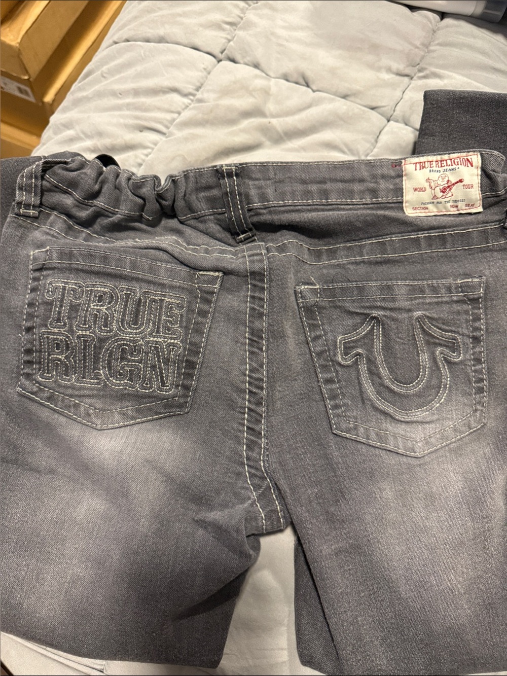 True Religion Women's Grey Washed Denim Jeggings with Embroidered Back Pockets